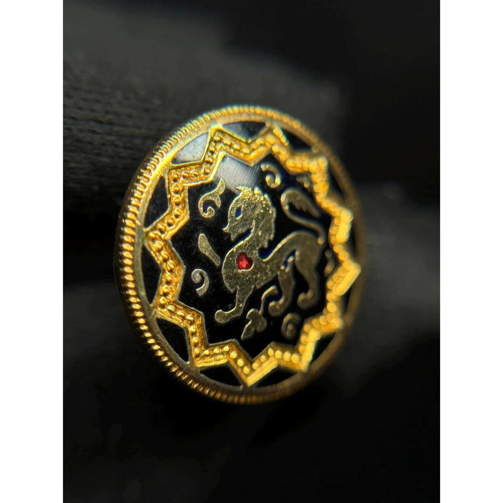 Vintage Spanish Gold Tone Lion Cufflinks Black Enamel Red Rhinestone